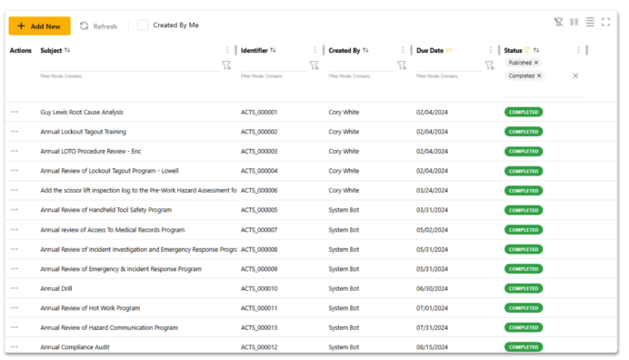 Proact EHS corrective action tracking table